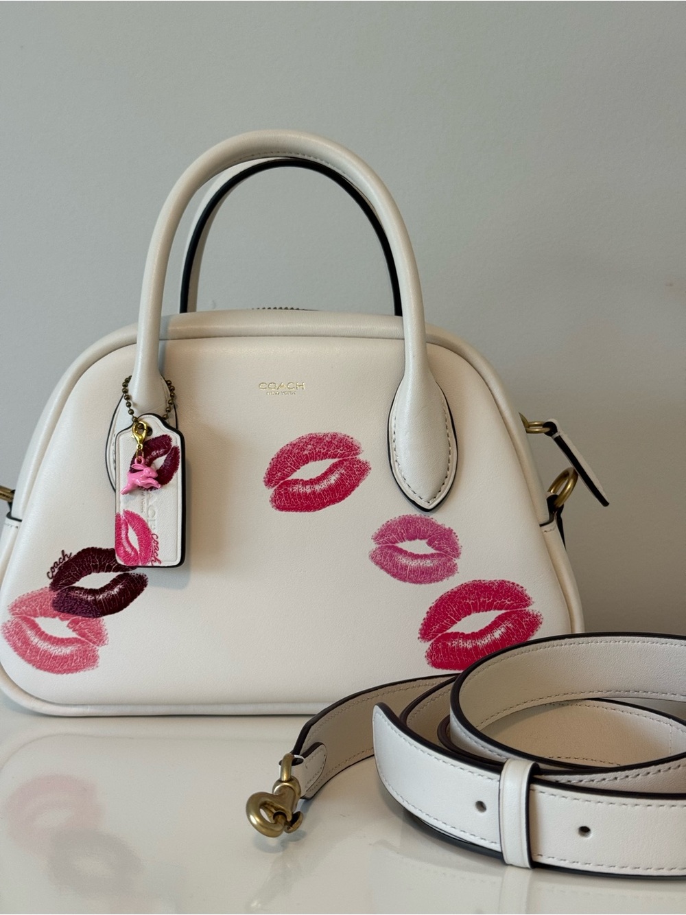 Coach Chalk Borough Bowling Bag with customized lip print